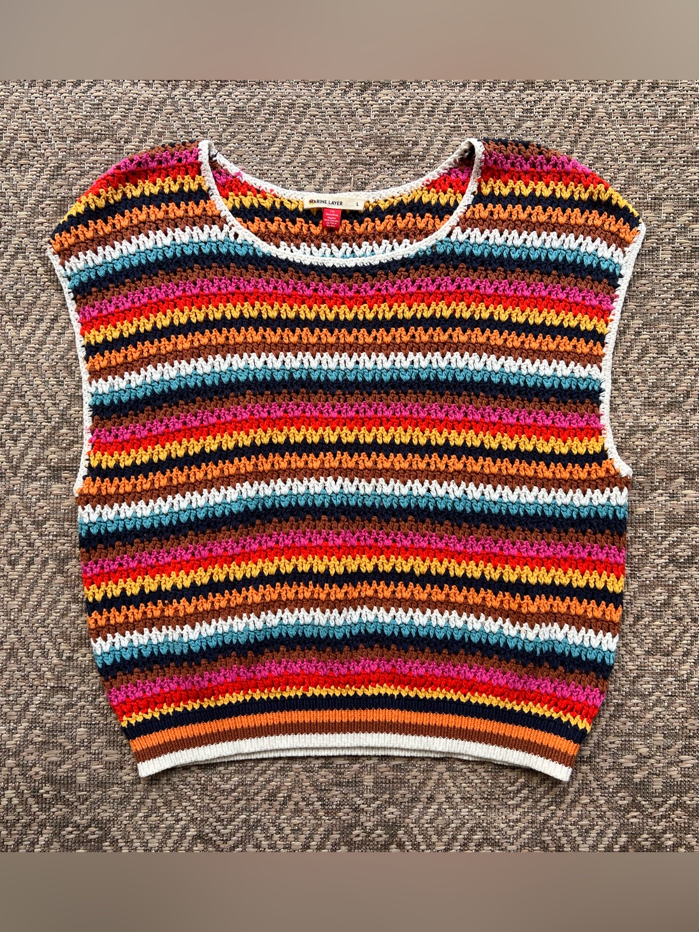 Marine Layer‎ Avery Stripe Crochet Top Size L Multicolor Cotton Blend Knit - Picture 7 of 12